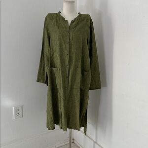 Eileen Fisher Large Green Organic Linen Lagenlook Delave Dress